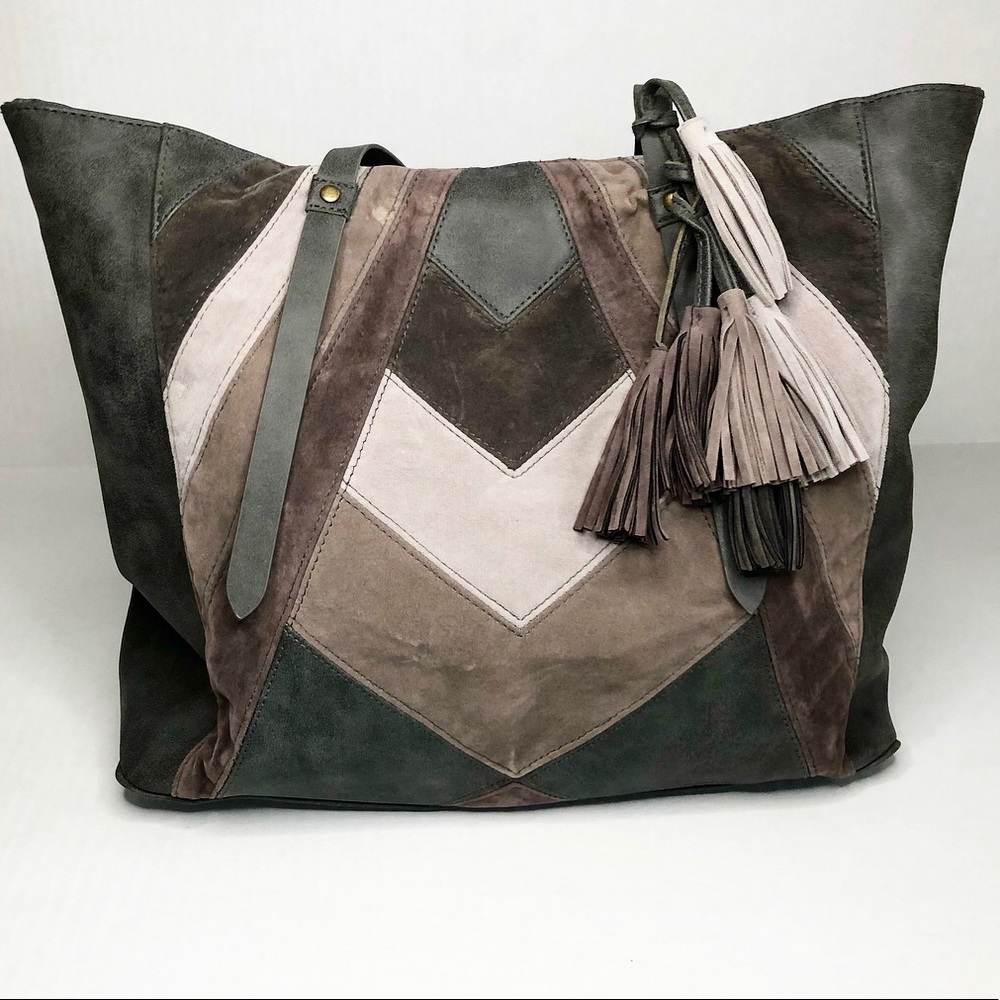 T-Shirt & Jeans Gray & Tan Tote Purse w/ Tassels